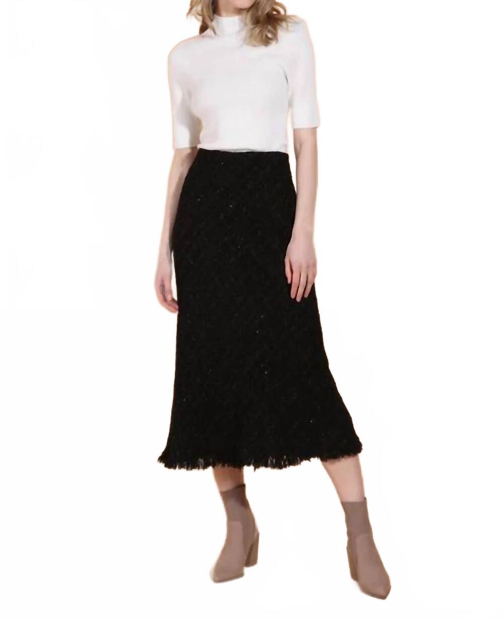NEW JESSIE LIU tweed trumpet raw hem midi skirt in black
